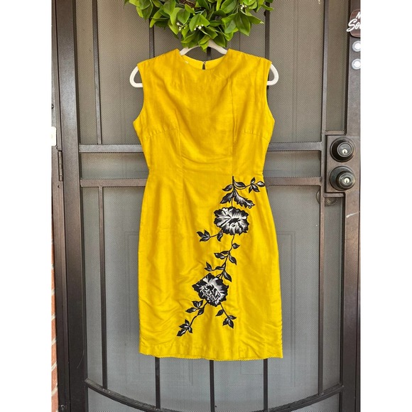 60s Yellow Sheath Dress with Floral Applique- Small - Picture 1 of 2